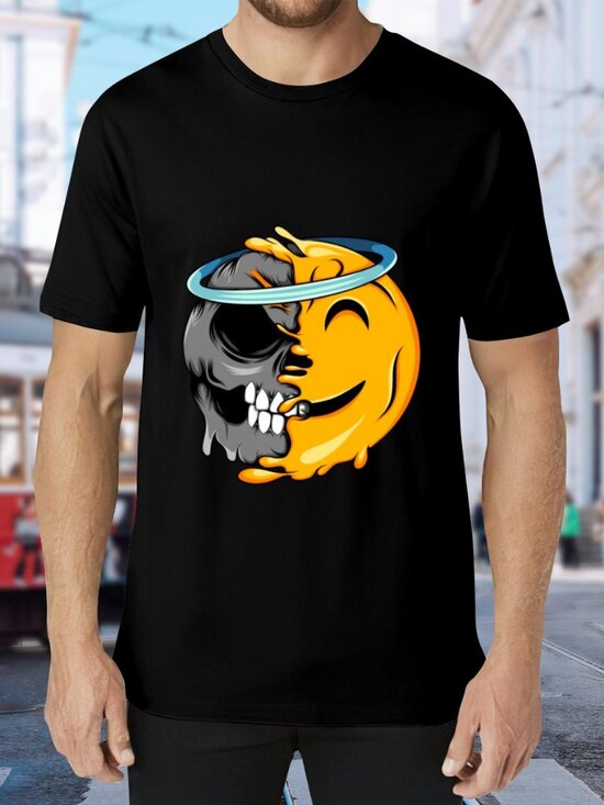 Other - Black Short Sleeve Graphic Tee with Split Skull & Smiley Design
